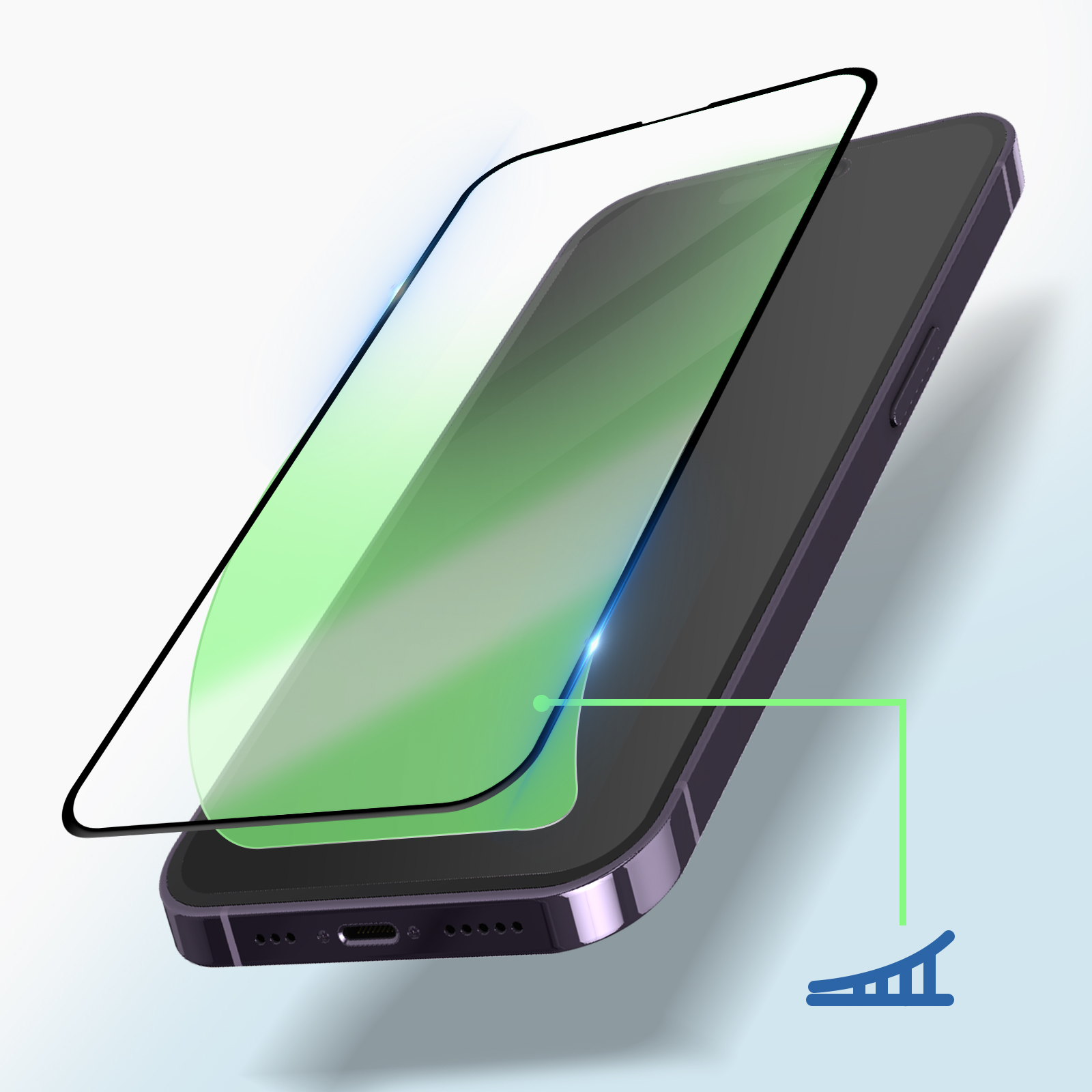 Telefono con protezione schermo applicata, tinta verde visibile sullo schermo.