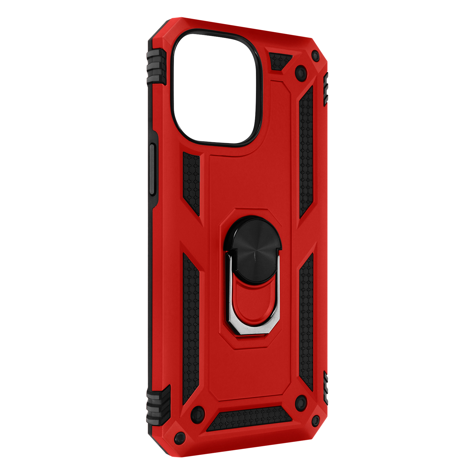 Een rode telefoonhoes met zwarte accenten en een ringhouder. De hoes heeft een robuust ontwerp.