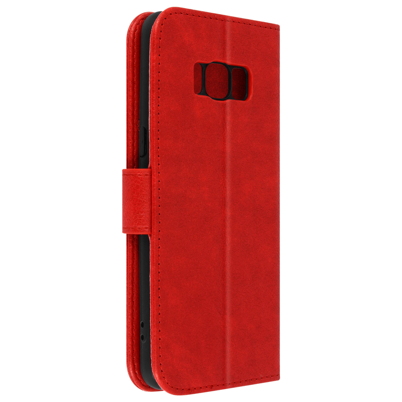 Étui de téléphone en cuir rouge, fermé. L'étui a un rabat et des coutures. Le fond est uni.