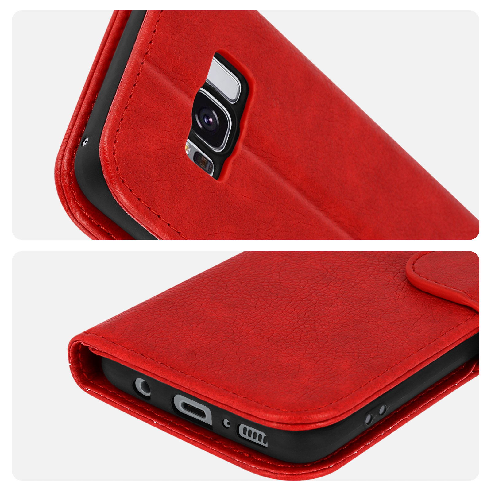 Étui de téléphone en cuir rouge. Une image montre le téléphone et l'étui. Une autre image montre l'intérieur et les détails.