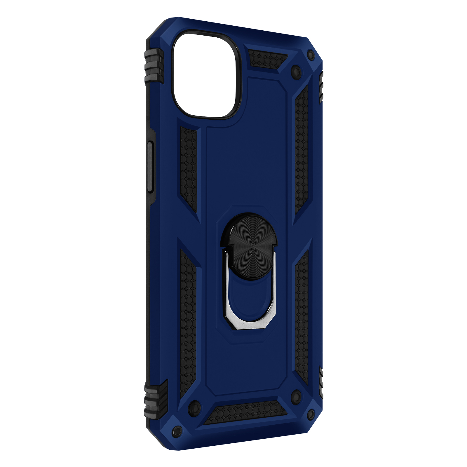 Coque de téléphone bleu foncé avec anneau et design complexe au dos.