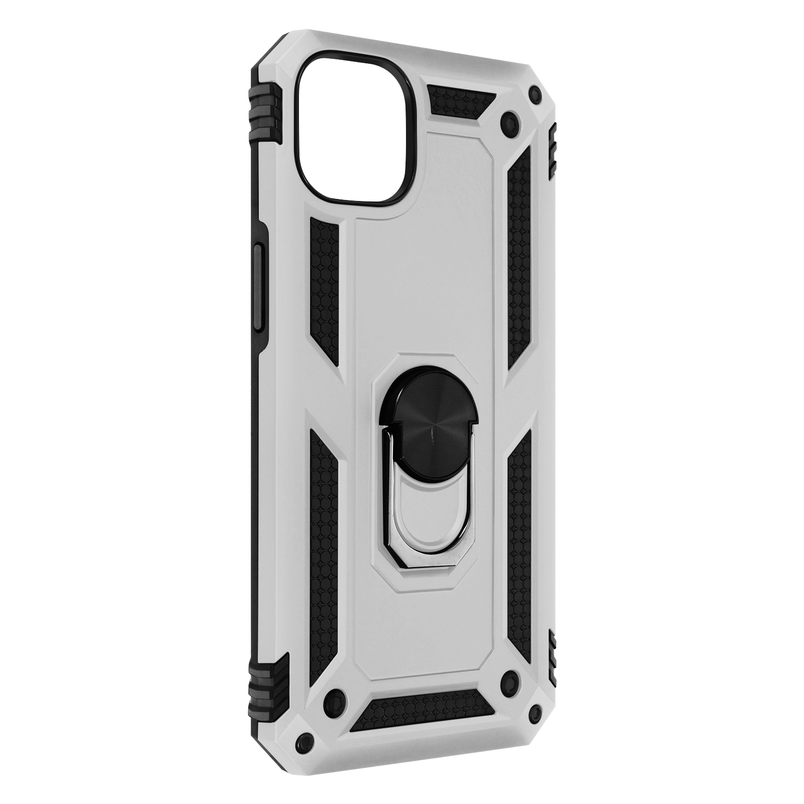 Custodia per telefono bianca e nera con anello di supporto. Il design include un anello, un ritaglio per la fotocamera e dettagli neri.