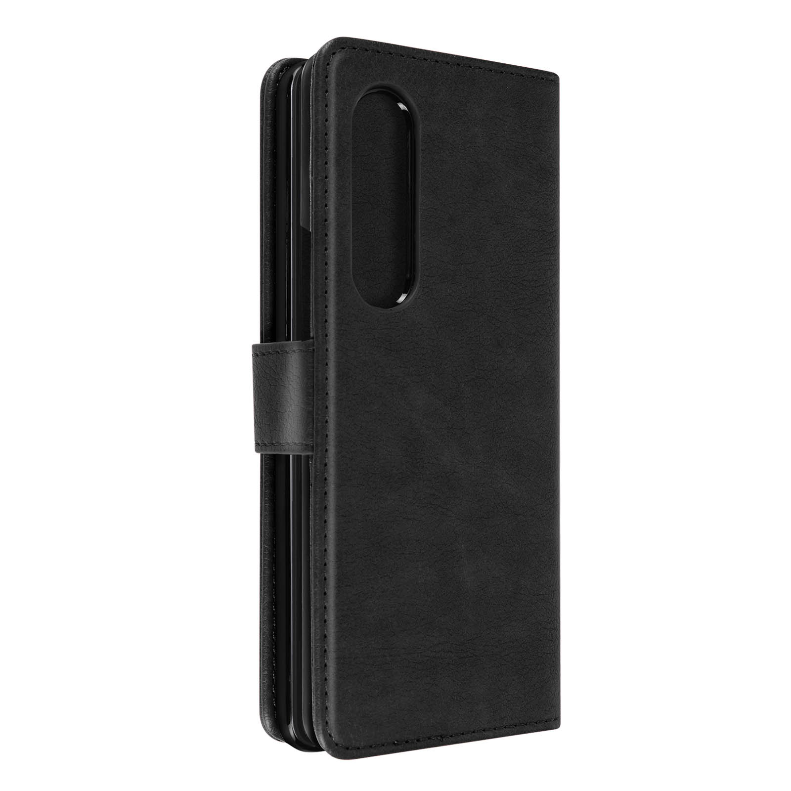 Schwarze Leder-Handyhülle mit Magnetverschluss. Es hat einen Handy-Ausschnitt.