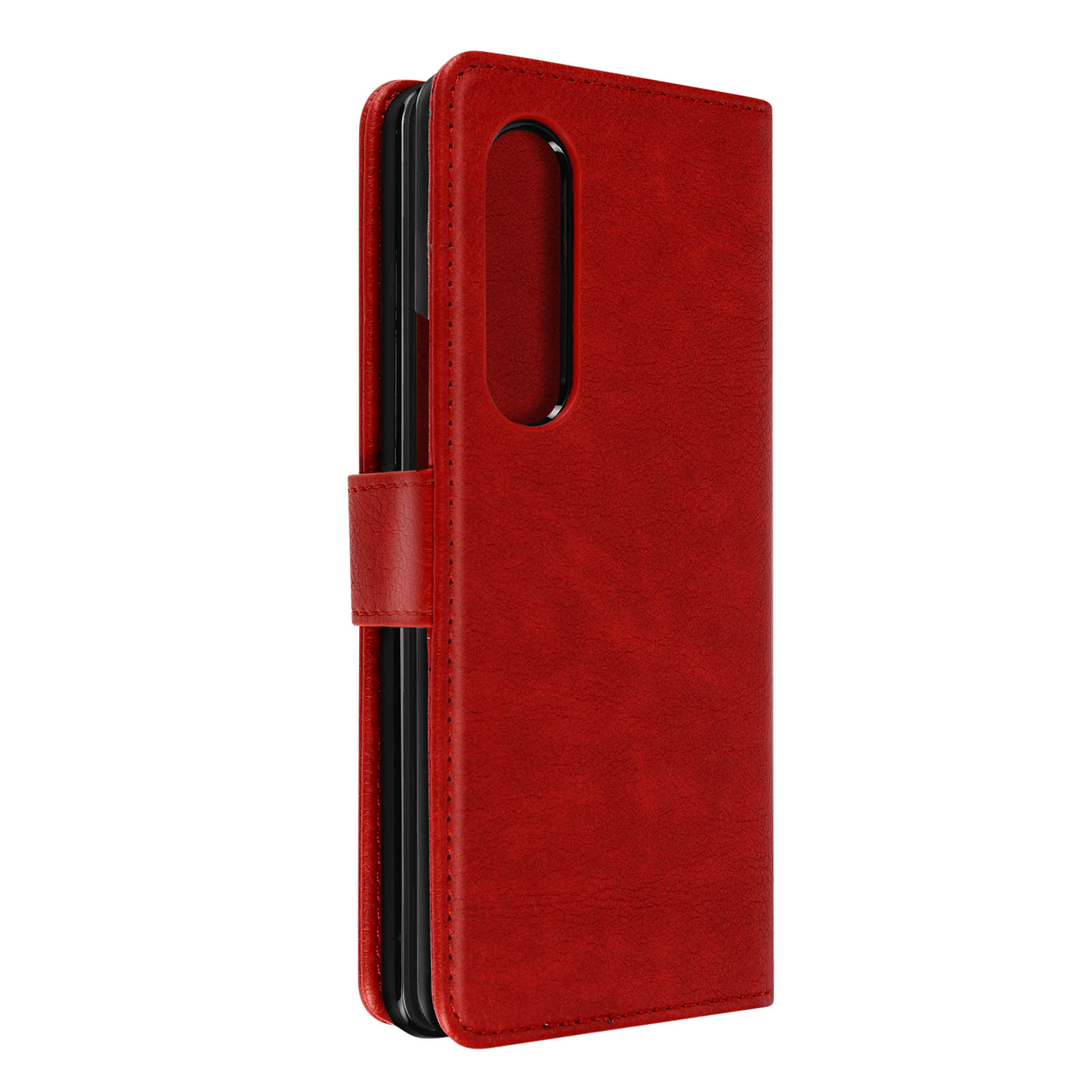Rote Handyhülle im Brieftaschenstil, geschlossen. Die Hülle hat einen Verschluss.