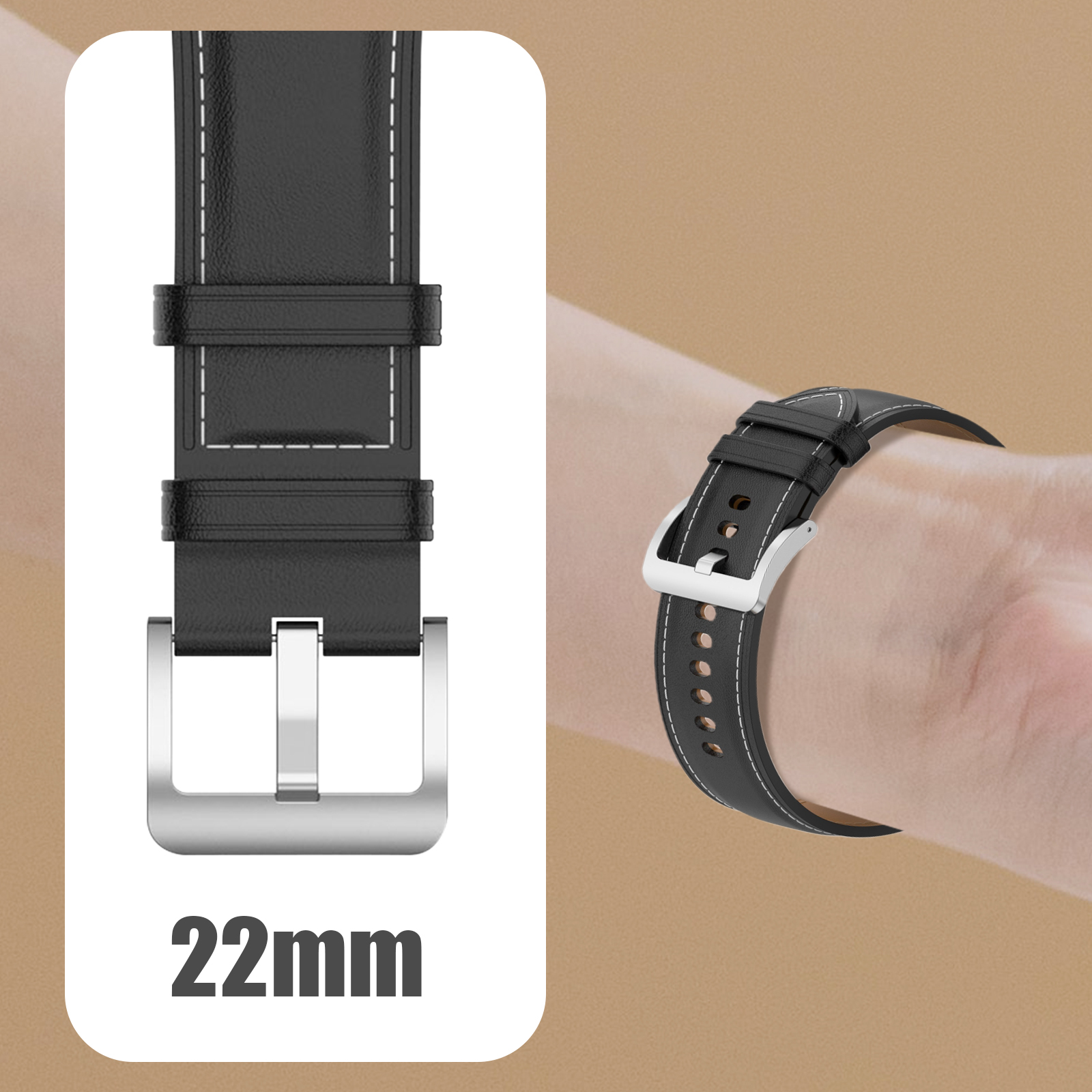 Primer plano de una correa de reloj negra con hebilla plateada y costuras blancas, junto a un texto de 22 mm.