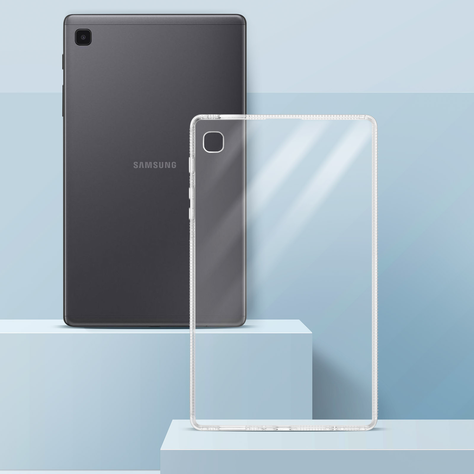 Tablet und transparente Handyhülle auf blauer Plattform.