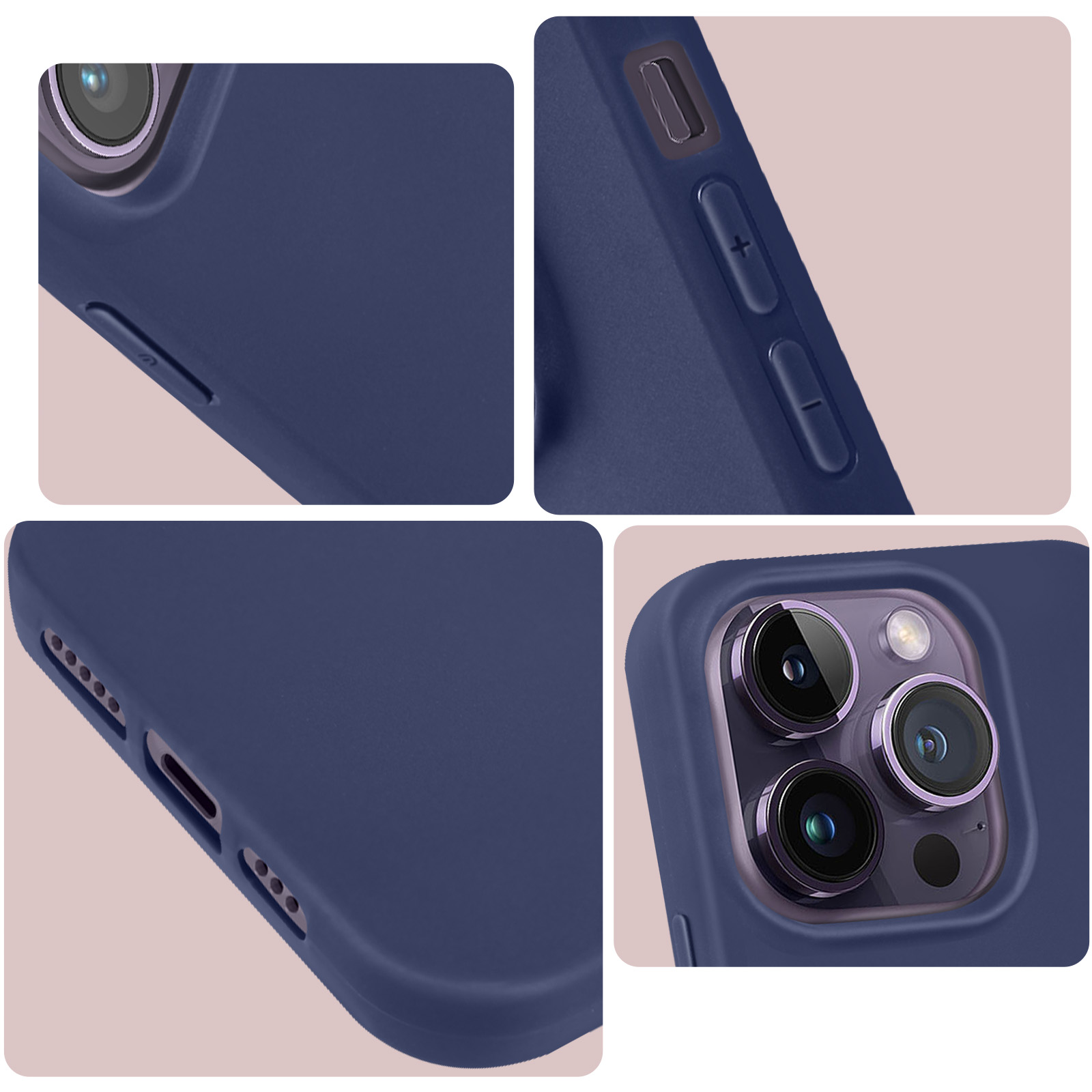 Immagini multiple di una custodia per telefono blu navy. Primi piani di pulsanti, porte e area della fotocamera.
