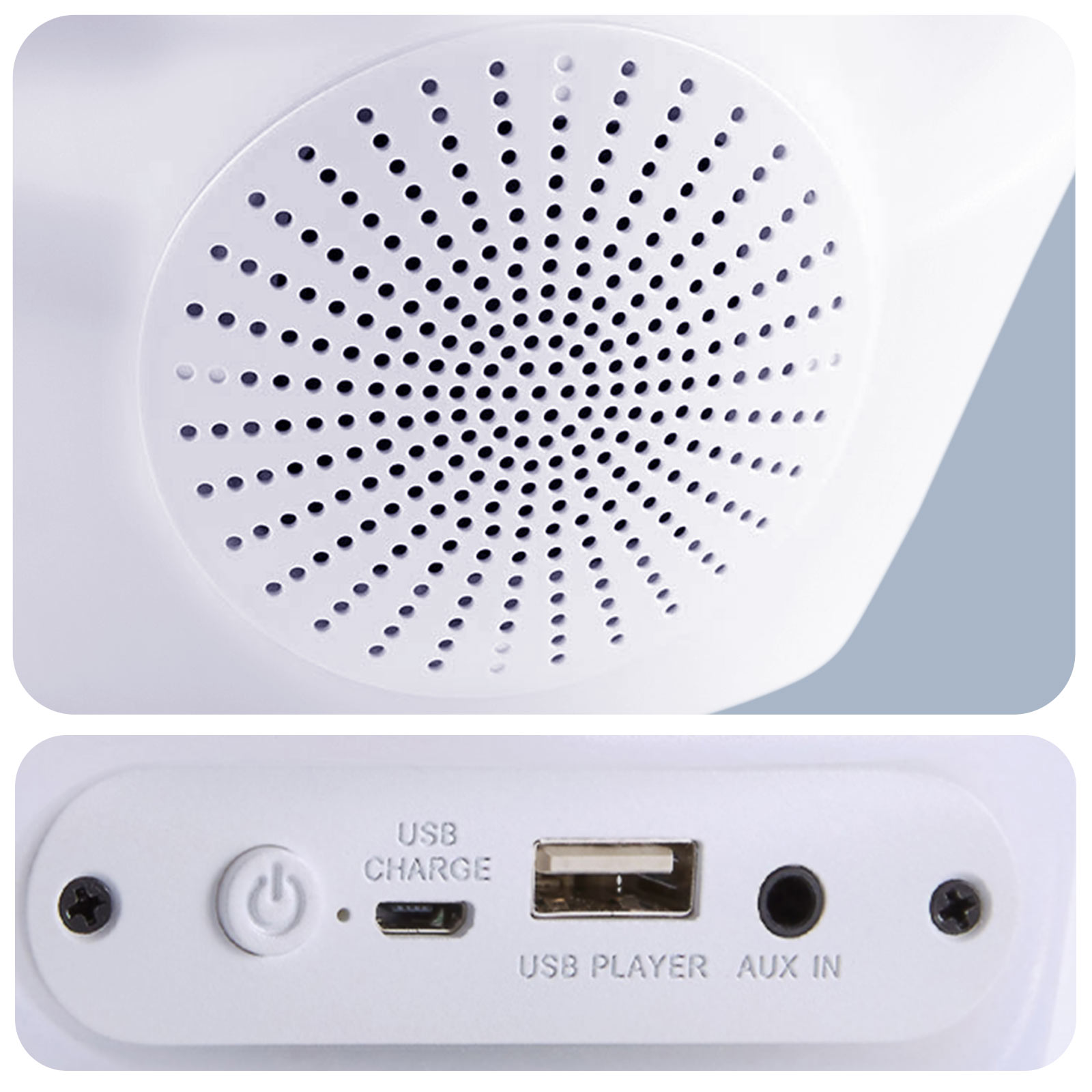 Biały głośnik z wieloma małymi otworami. Na dole USB, aux in i przycisk zasilania.