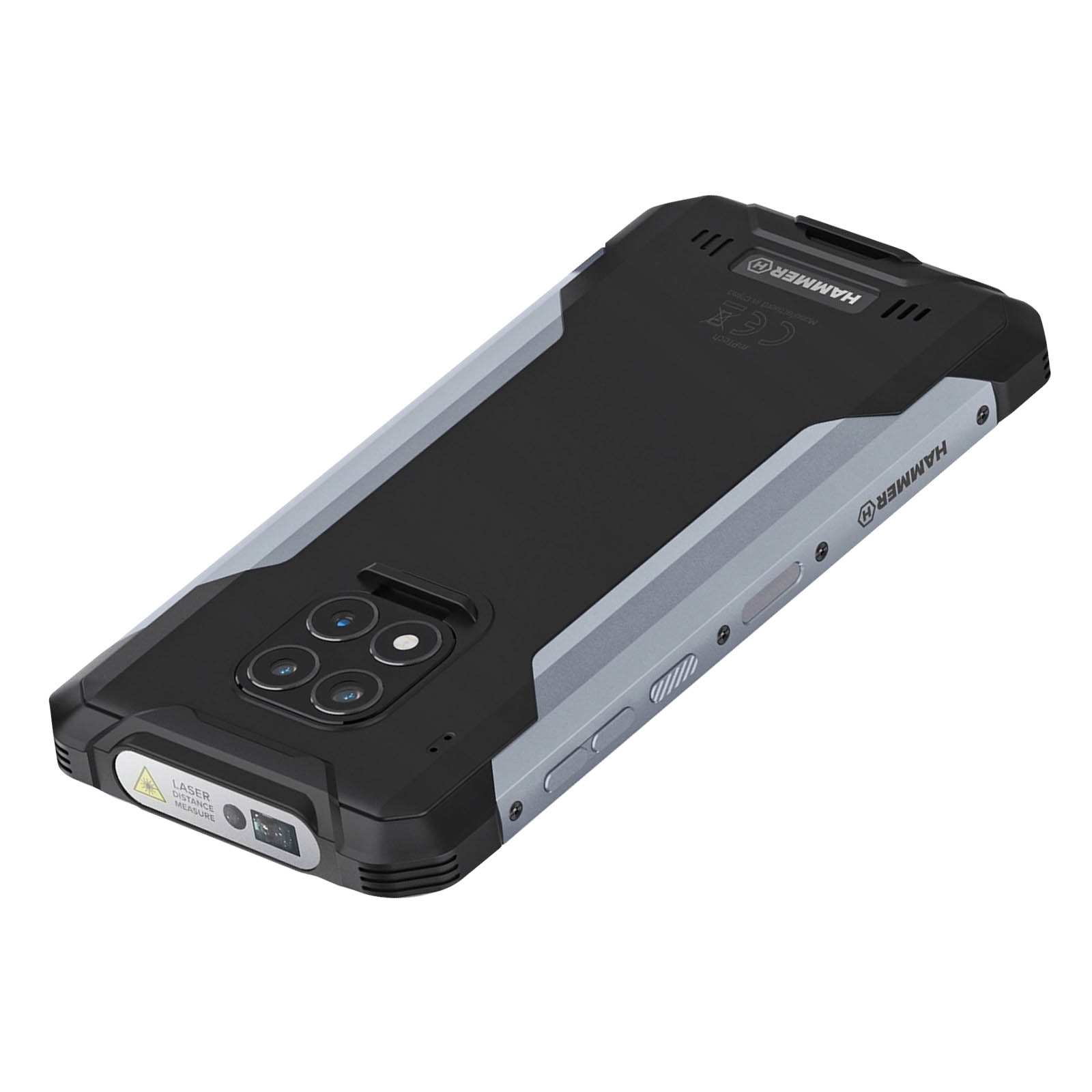 Tył telefonu. Jest czarny i szary. Ma aparat i napis HAMMER.