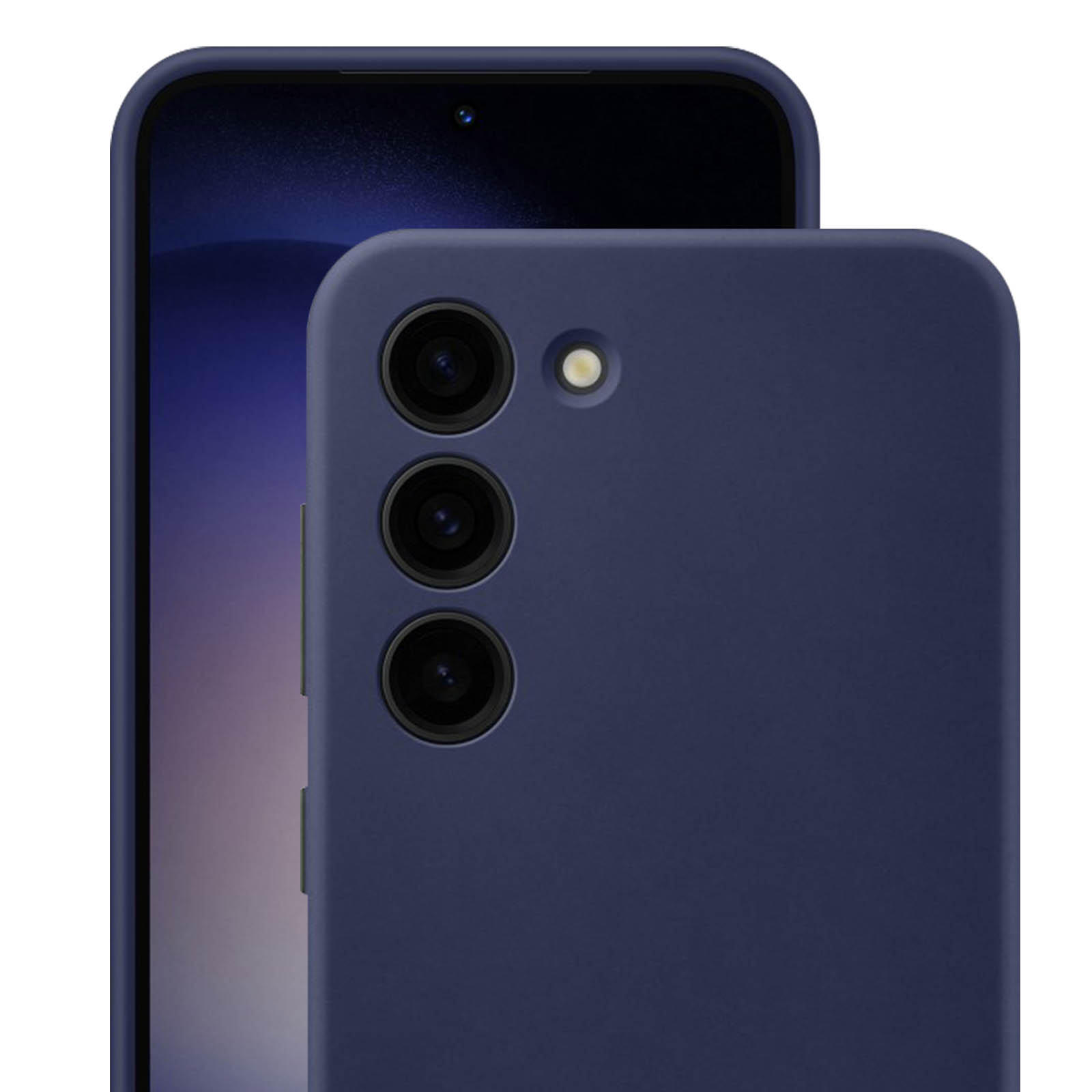Nahaufnahme einer blauen Handyhülle mit drei Kameralinsen. Das Telefon vor schwarzem Bildschirm.