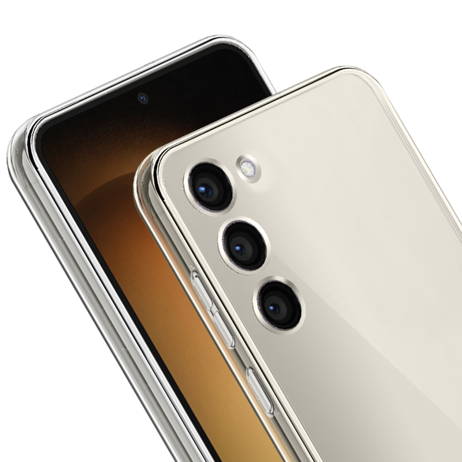 Dwa telefony obok siebie. Jeden telefon ma przezroczyste etui. Drugi telefon jest w tle.