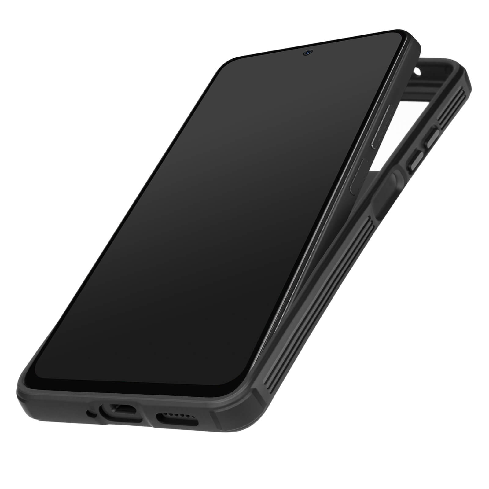 Telefon mit schwarzem Bildschirm in einer schwarzen Handyhülle. Die Hülle ist leicht geöffnet, zum Betrachter geneigt.