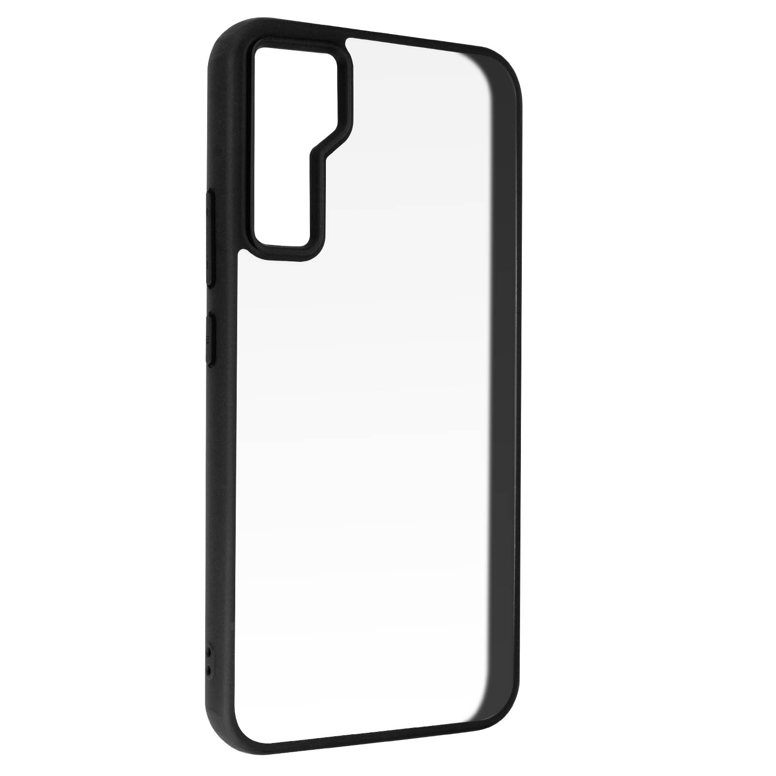 Een transparante telefoonhoes. De hoes is transparant met een zwarte rand. Het staat op een witte achtergrond.