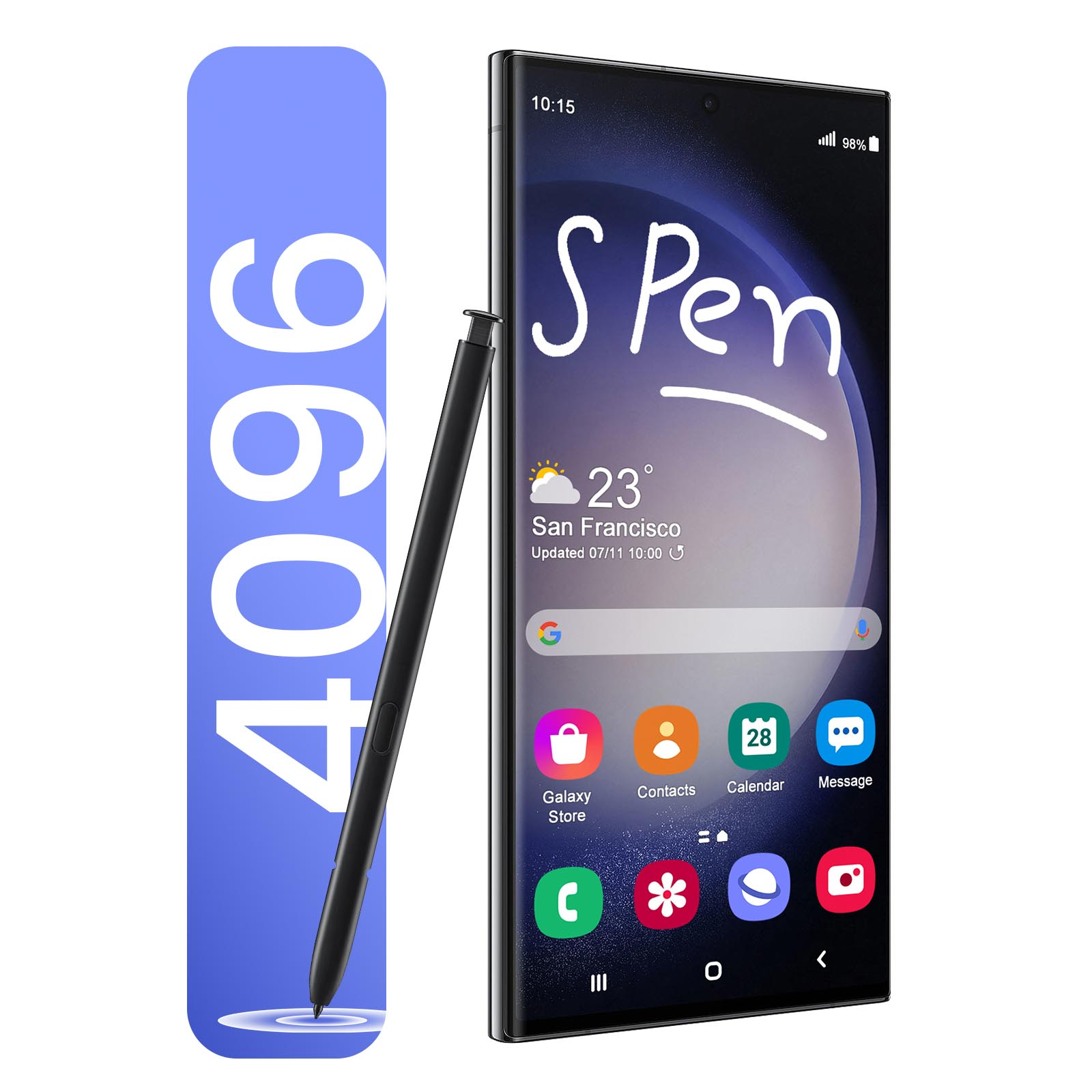 Un teléfono muestra el S Pen e iconos de aplicaciones. Barra vertical azul muestra 4096. El lápiz es negro.