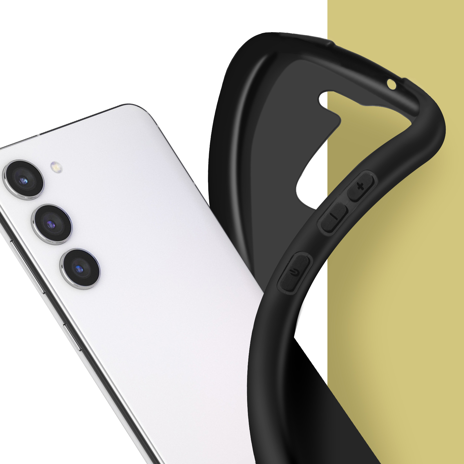 Un téléphone blanc avec une coque noire. Un fond jaune est visible sur le côté droit.
