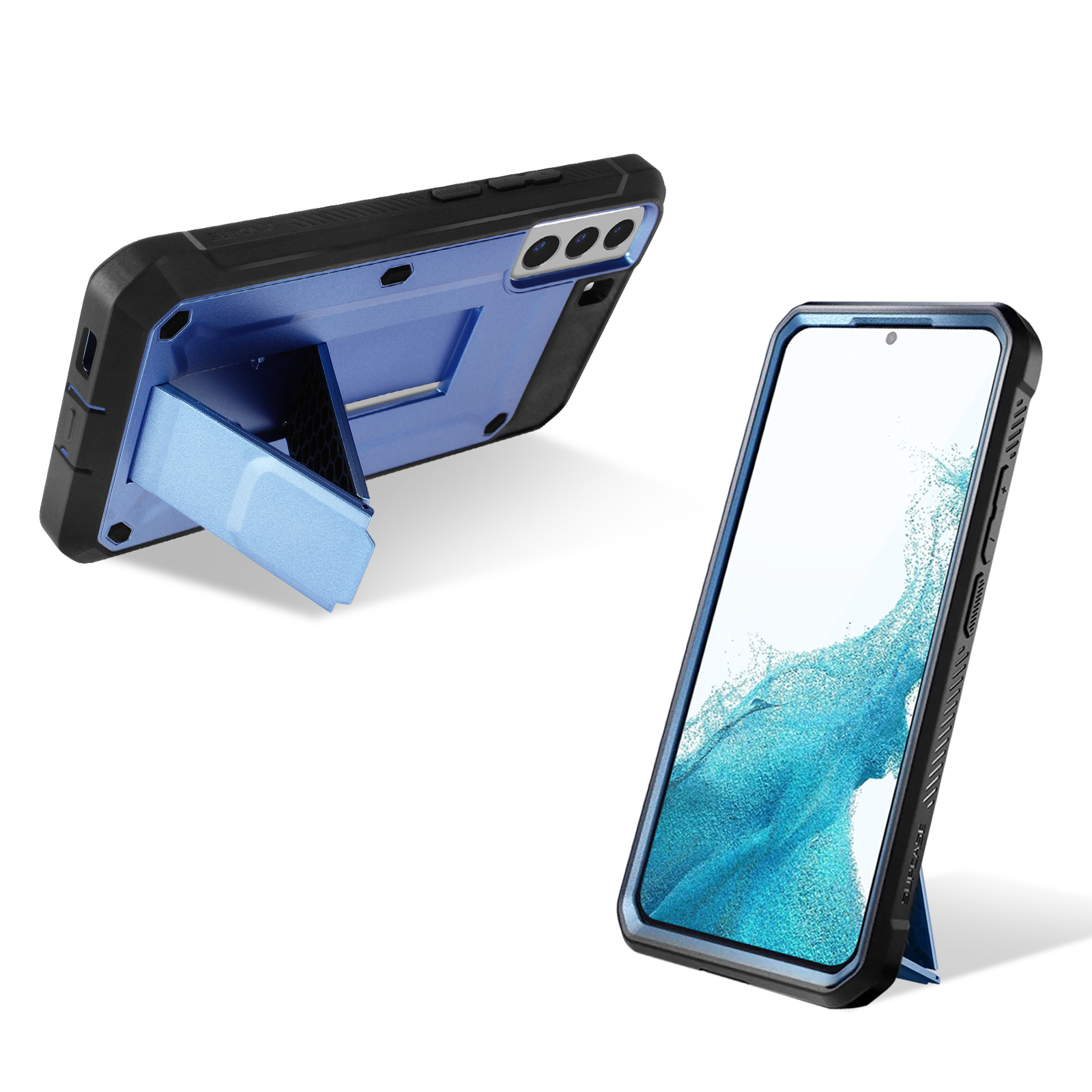 Una custodia per telefono con cavalletto, due angolazioni del telefono con schermo mostrato.
