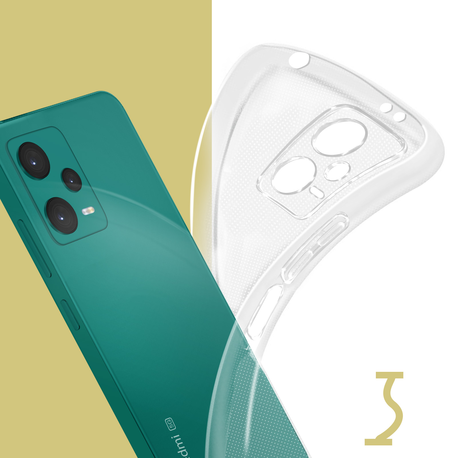 Una custodia verde e una custodia trasparente per telefono sono una accanto all'altra. La custodia trasparente è trasparente.