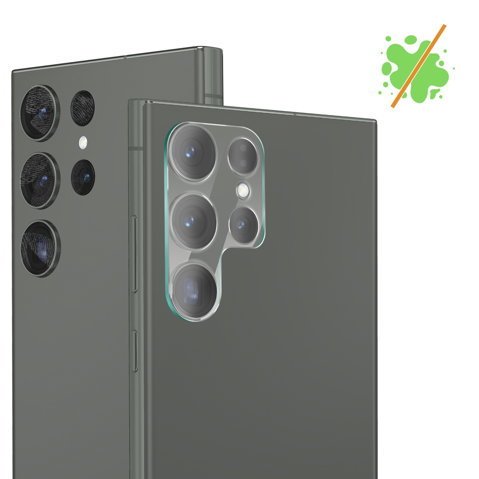 Telefoonachterkant met cameralensbeschermer. Een groen vlekkeloos merkteken wordt getoond.