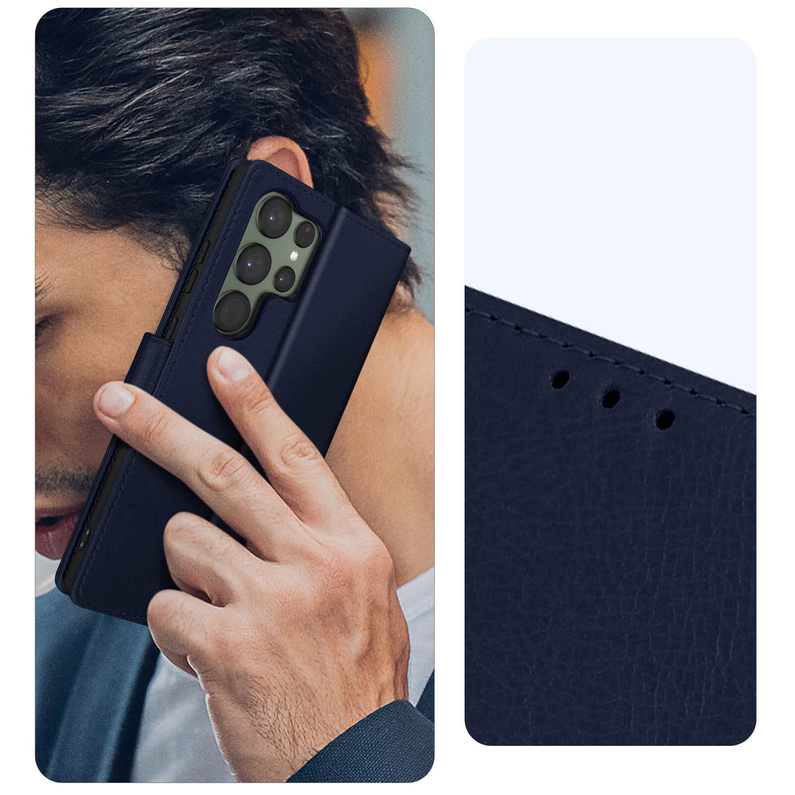 Uomo che tiene un telefono in una custodia blu. Primo piano della texture.