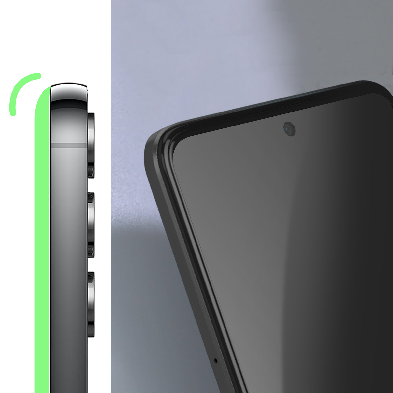 Primo piano di un telefono. Contorno verde, schermo nero. Una custodia per telefono è a sinistra.