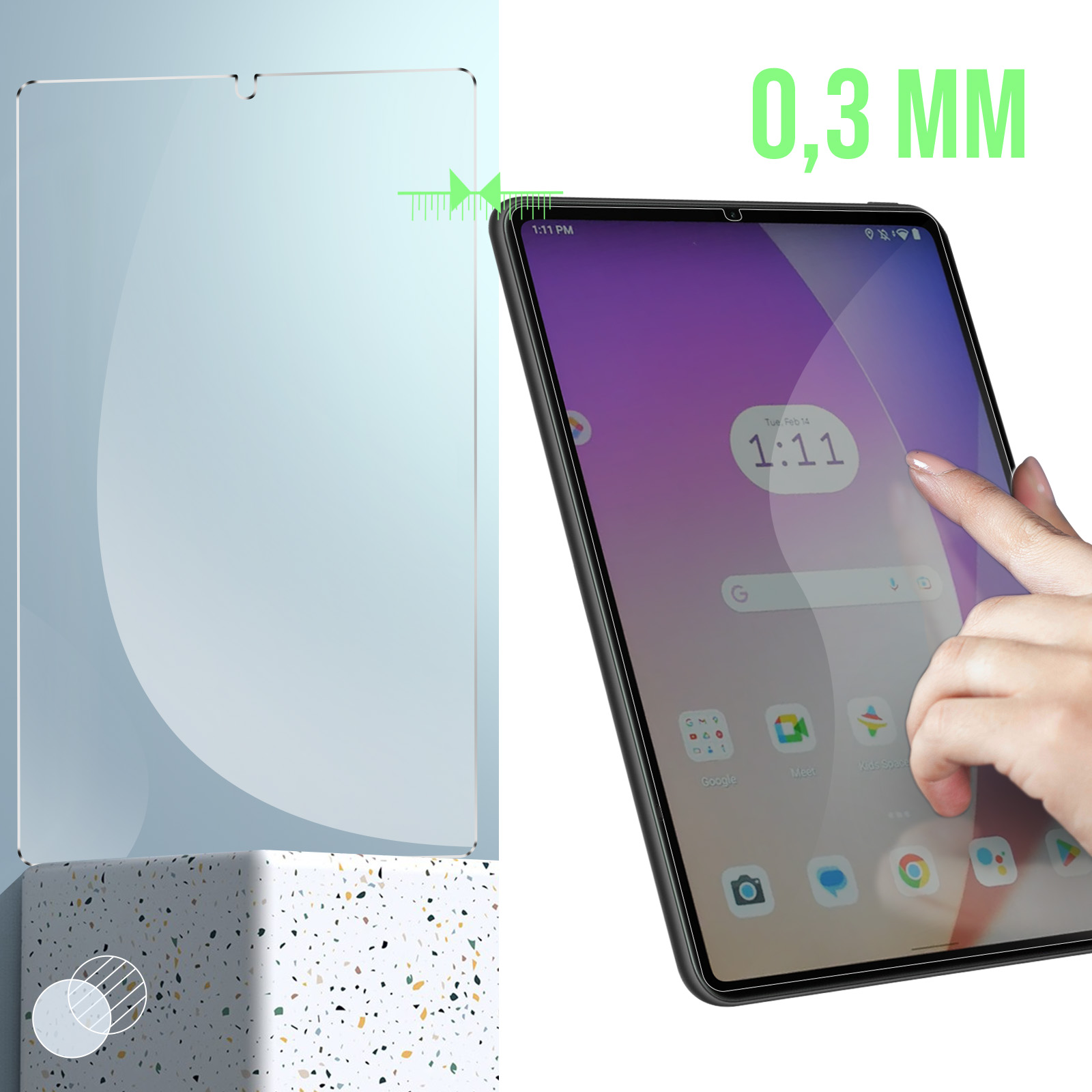 Protecteur d'écran et téléphone, avec une main touchant l'écran, texte 0,3 MM.