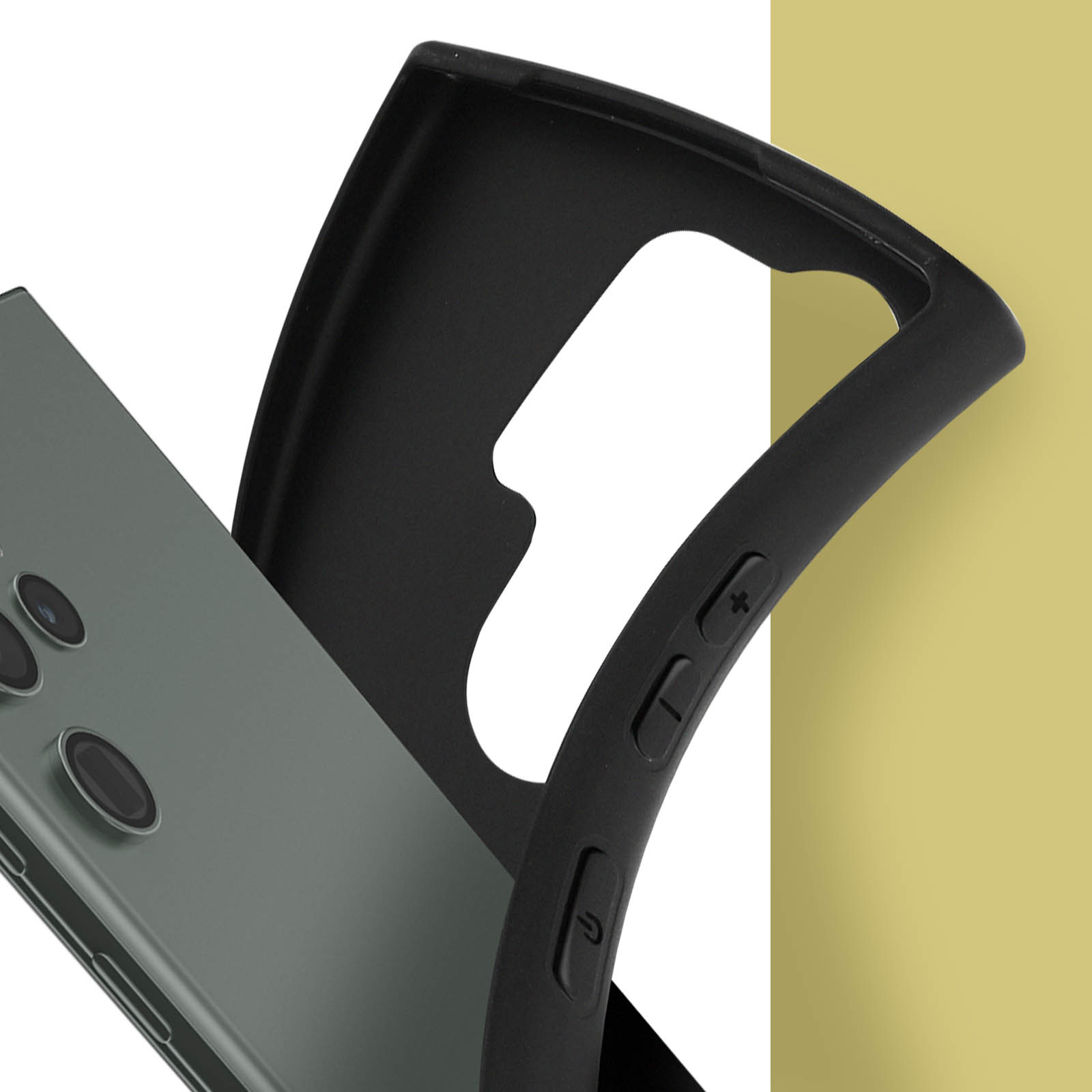 Zwarte telefoonhoes met een groene telefoon erin, een zwarte zijkant is zichtbaar.