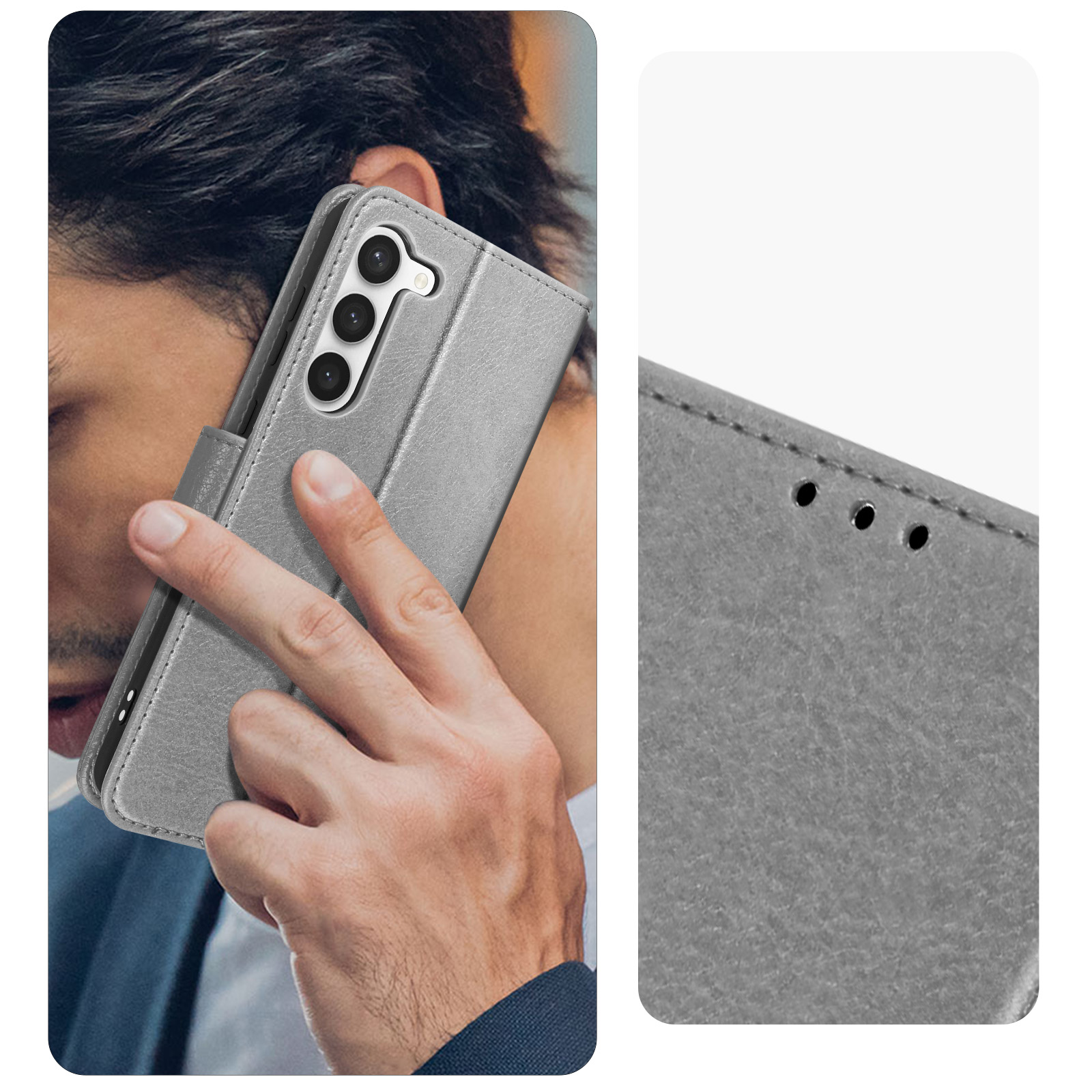 Eine Person hält ein Telefon in einer grauen Hülle. Das Telefon ist in der Nähe ihres Ohrs. Nahaufnahme der Hülle.