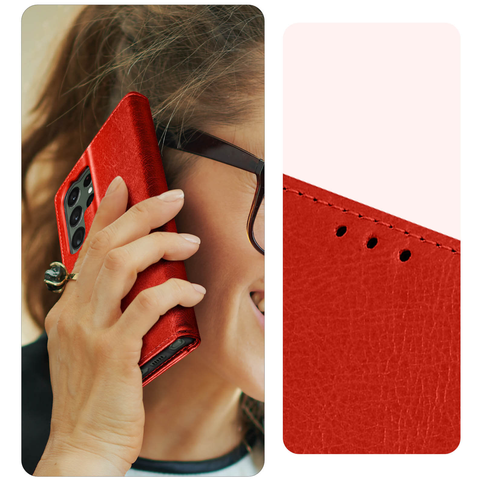 Vrouw houdt een rode telefoonhoes tegen haar oor en praat. Close-up.