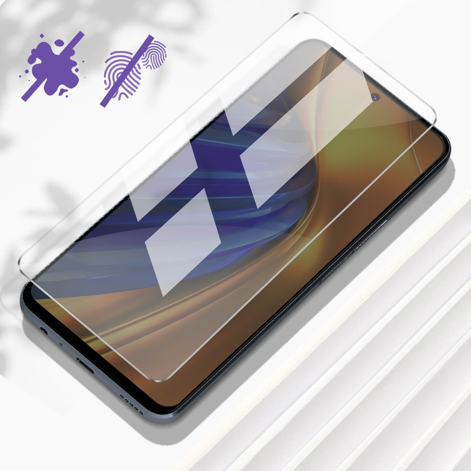 Telefono con protezione schermo, con icone di impronte digitali e macchie e uno spruzzo viola.