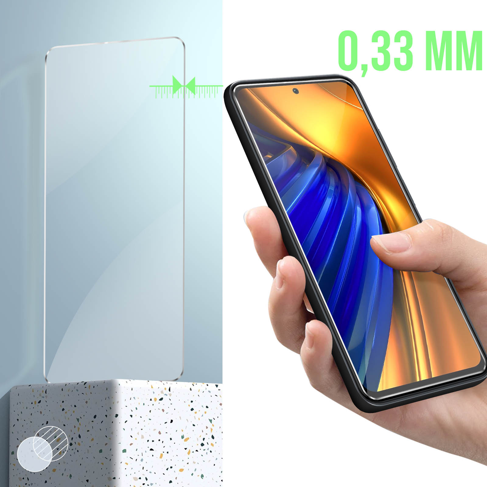 Protezione schermo e custodia per telefono, con indicazione dello spessore di 0,33 mm e mano che tiene il telefono.