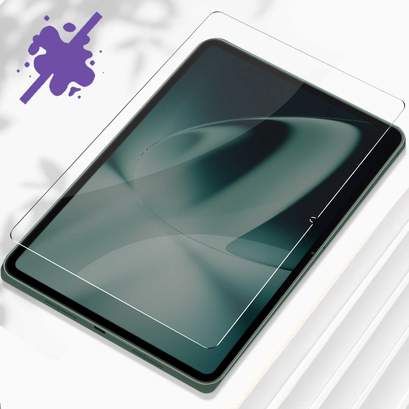 Tablet con protezione schermo applicata. Grafica viola a spruzzo in alto a sinistra.