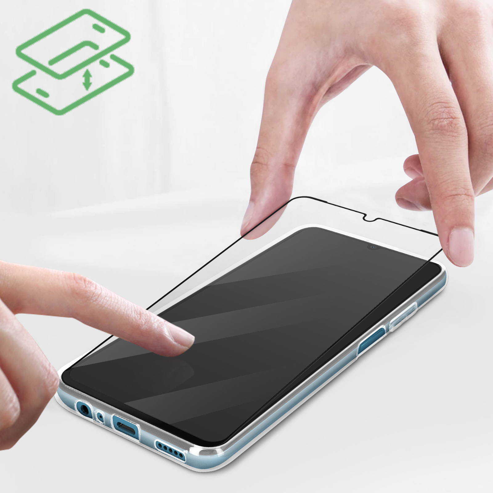 Hände bringen einen Displayschutz auf ein Telefon auf. Ein Diagramm zeigt die korrekte Schichtung.