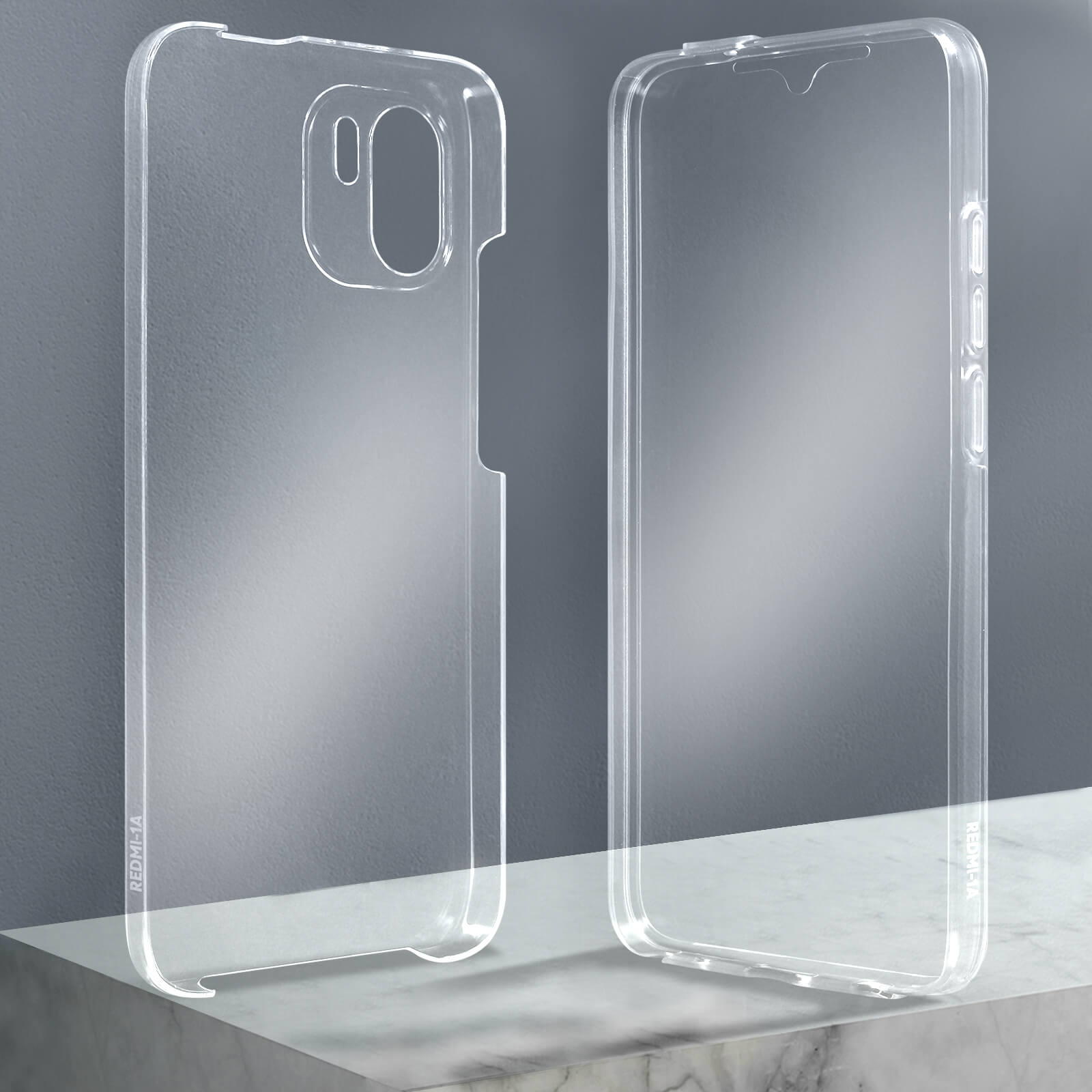 Klare Handyhüllen für ein Telefon, die Vorder- und Rückseite zeigen. Sie befinden sich auf einer grauen Oberfläche.