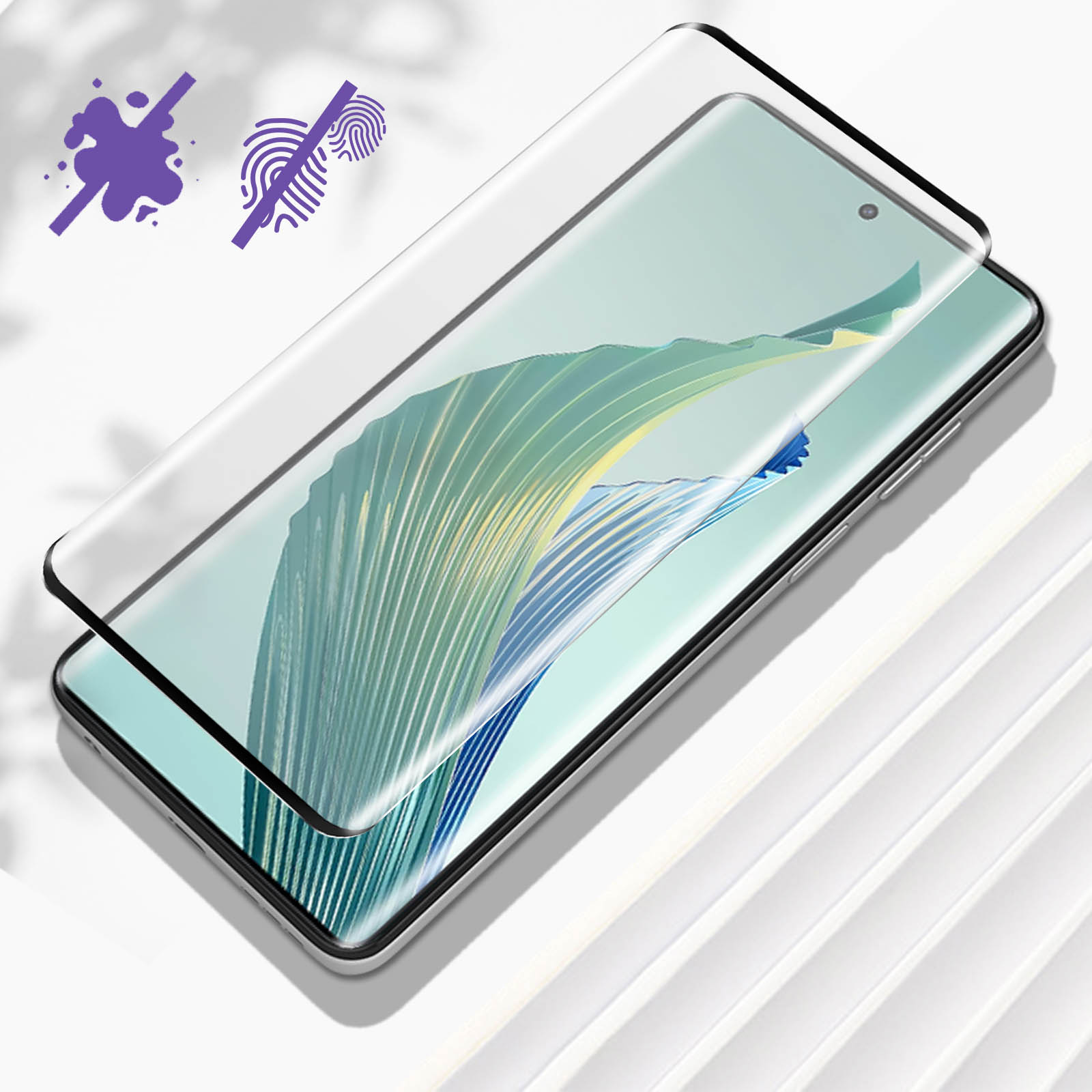 Un téléphone avec un protecteur d'écran. Deux icônes graphiques sont en haut à gauche. Fond blanc.