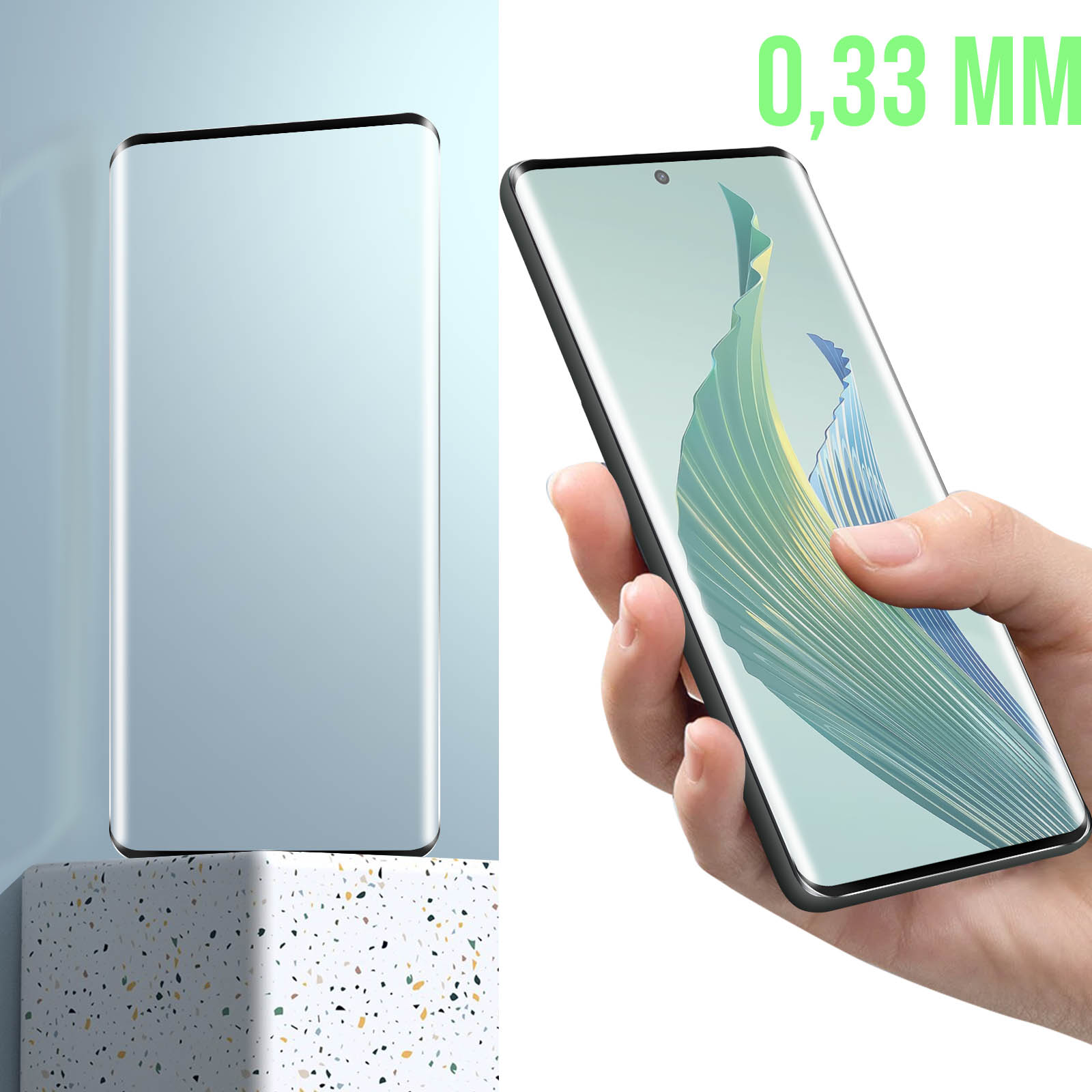 Un protecteur d'écran et un téléphone. Le protecteur mesure 0,33 mm d'épaisseur.