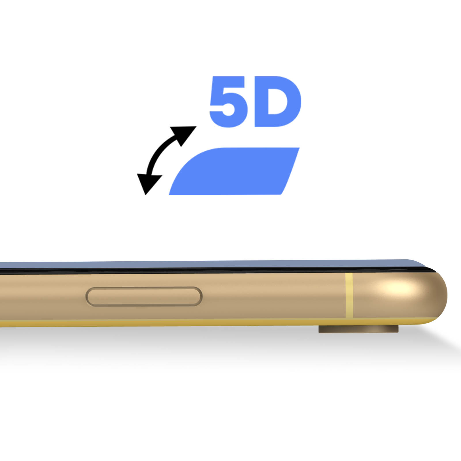 Il lato di un telefono dorato con testo 5D e frecce. Lo sfondo è bianco.
