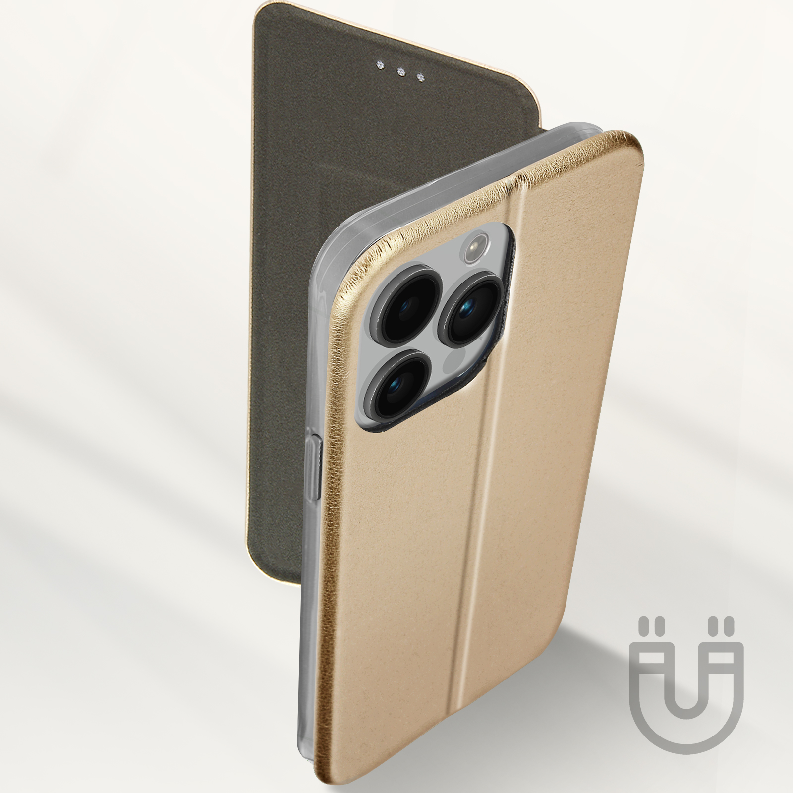 Goldene Handyhülle mit Telefon und Magnetschild.