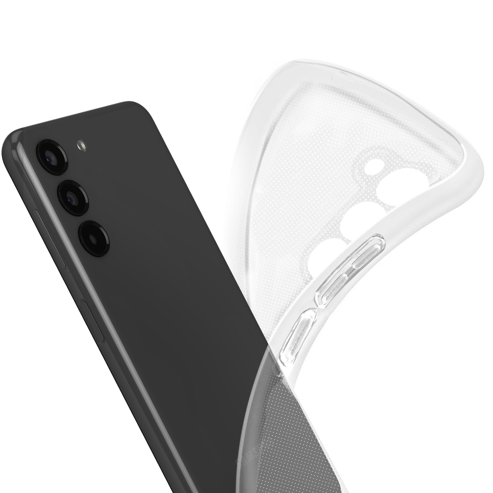 Zwarte telefoon met een doorzichtige hoes, die de achterkant van de telefoon en de hoes afzonderlijk toont.