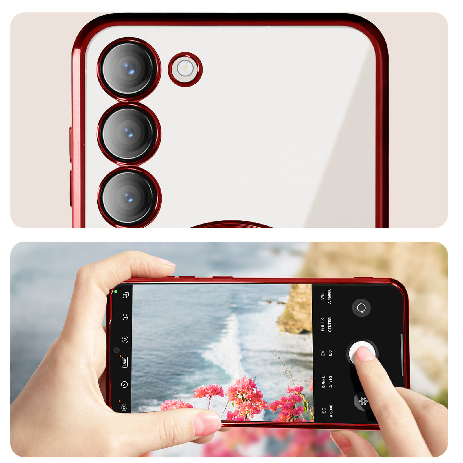 Primo piano del retro del telefono con tre obiettivi. La seconda immagine mostra mani che scattano foto dell'oceano.