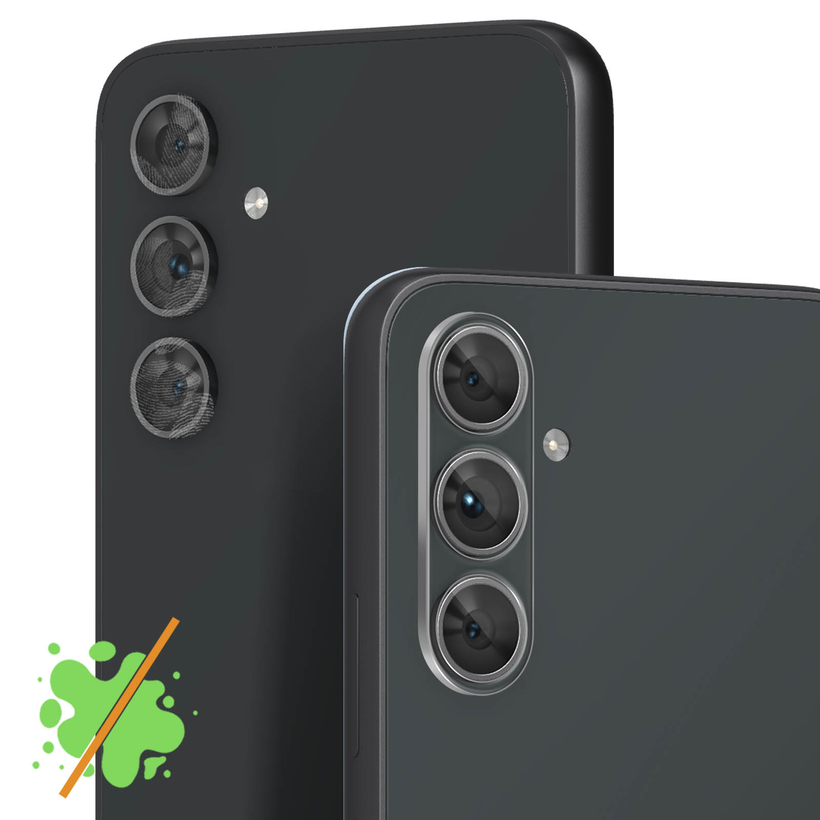 Zwei schwarze Telefone, die Rückkameras sind im Fokus, mit einem grünen Klecks und einem Verbotssymbol.