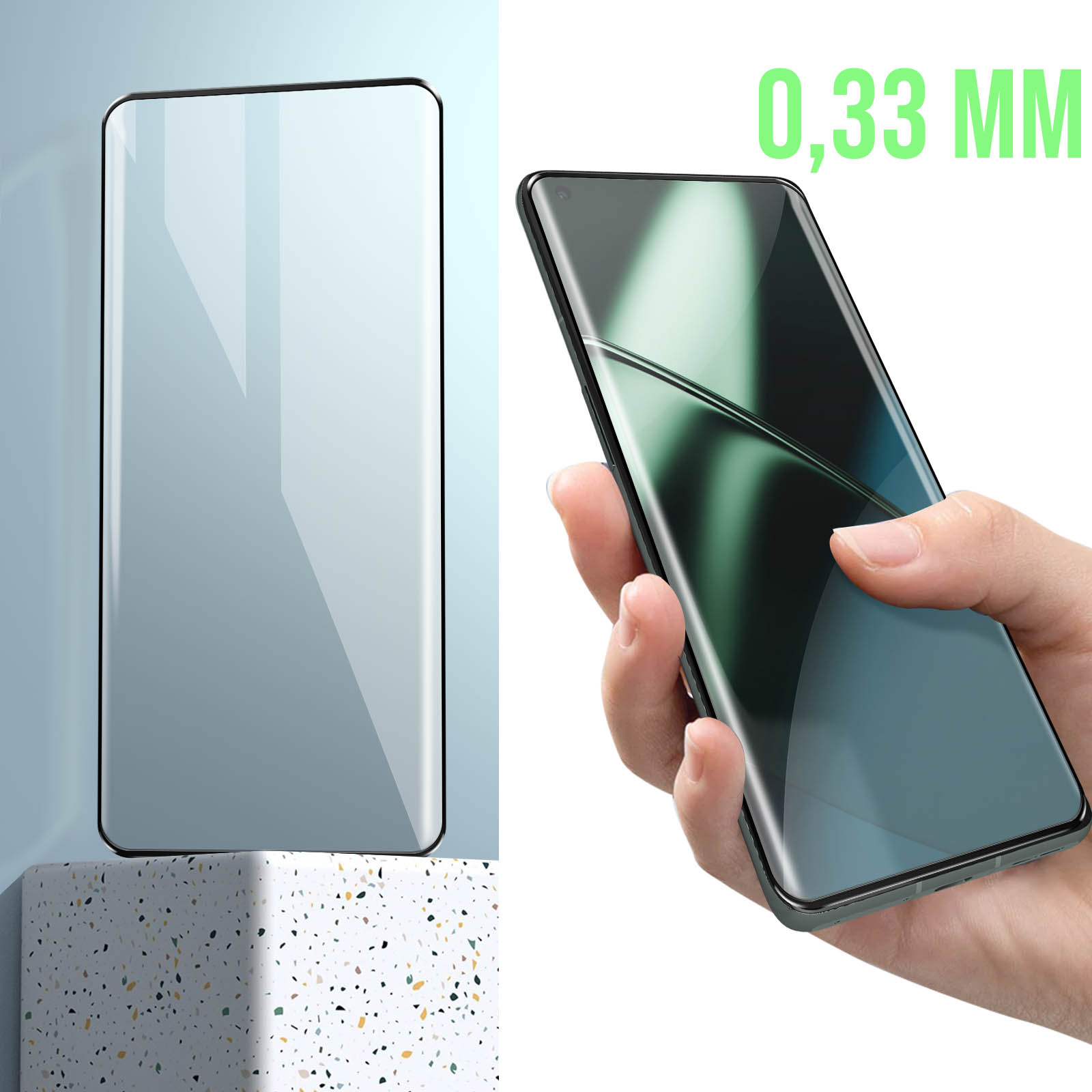 Protecteur d'écran de téléphone. L'épaisseur est de 0,33 mm. Une main tient le téléphone.