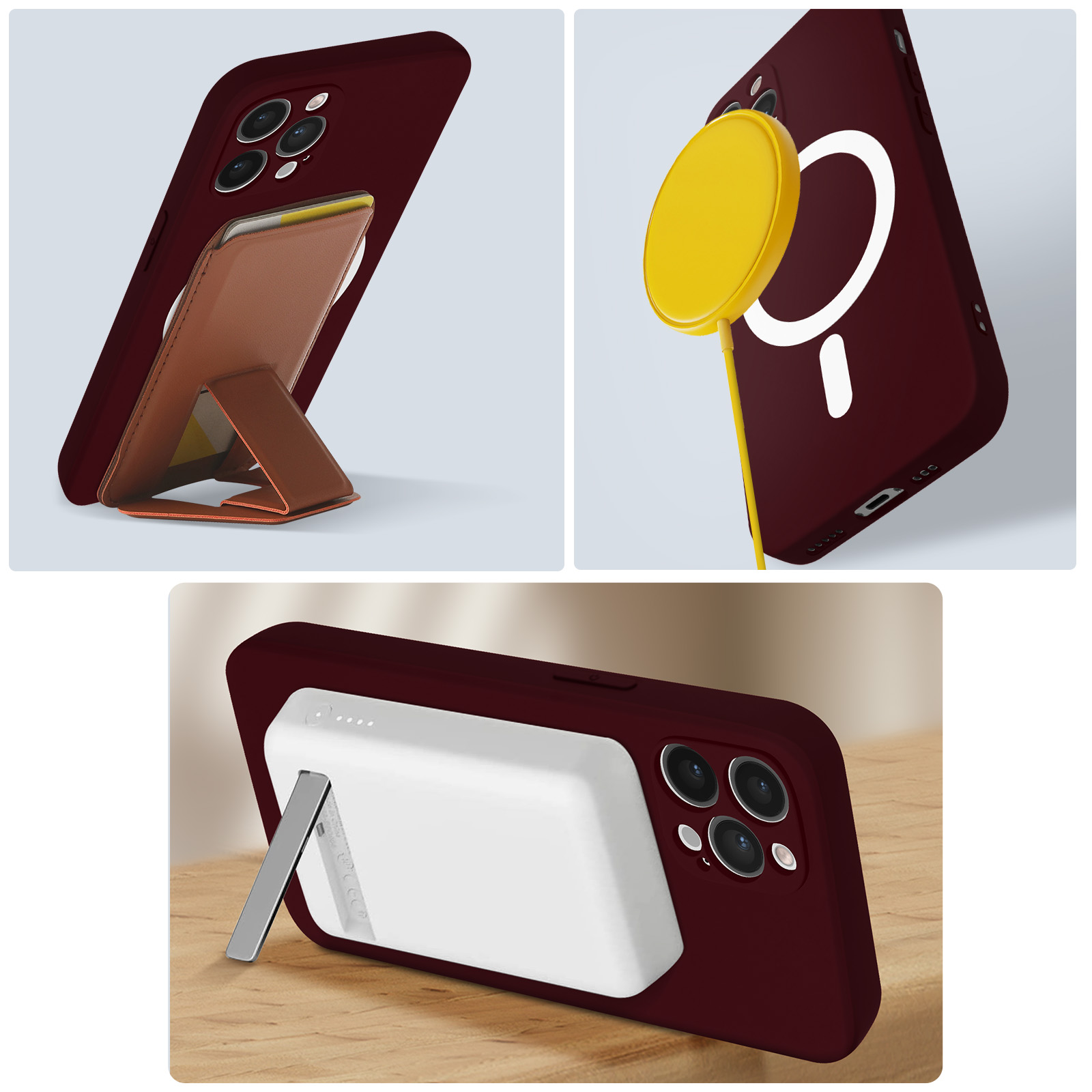 Tre immagini che mostrano una custodia per telefono con diversi accessori, su sfondo chiaro.