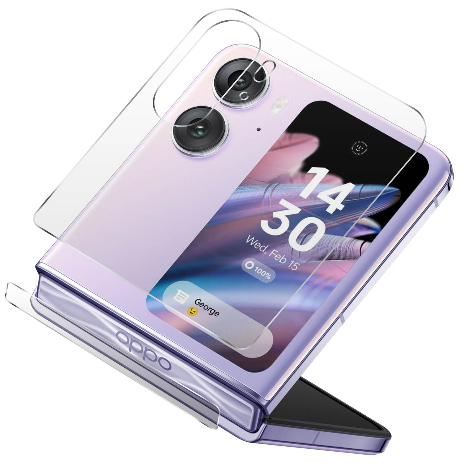 Un étui de téléphone violet avec la date affichée. Un écran de protection transparent à côté.