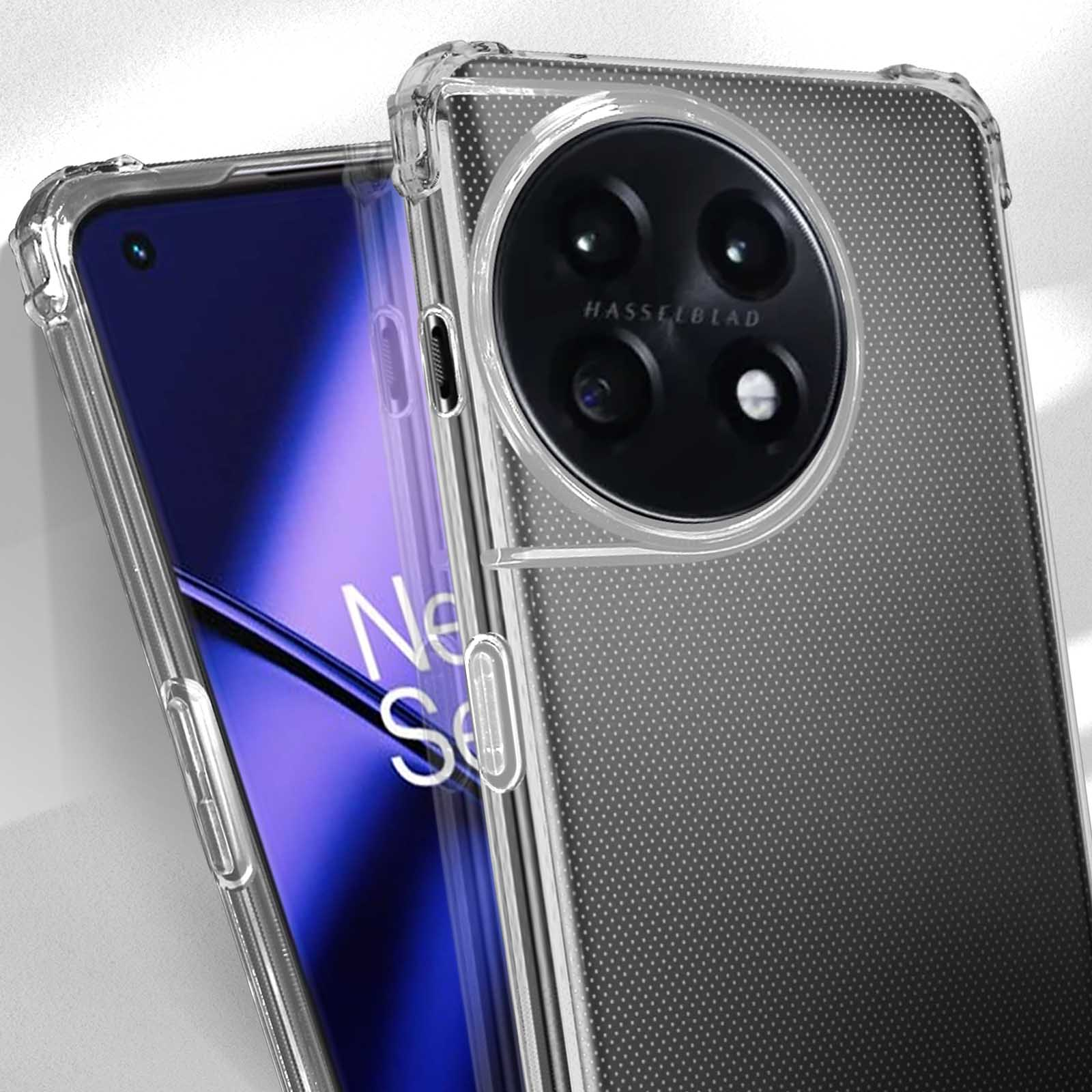 Custodia trasparente per telefono con un telefono all'interno. Il telefono ha un ampio array di fotocamere.