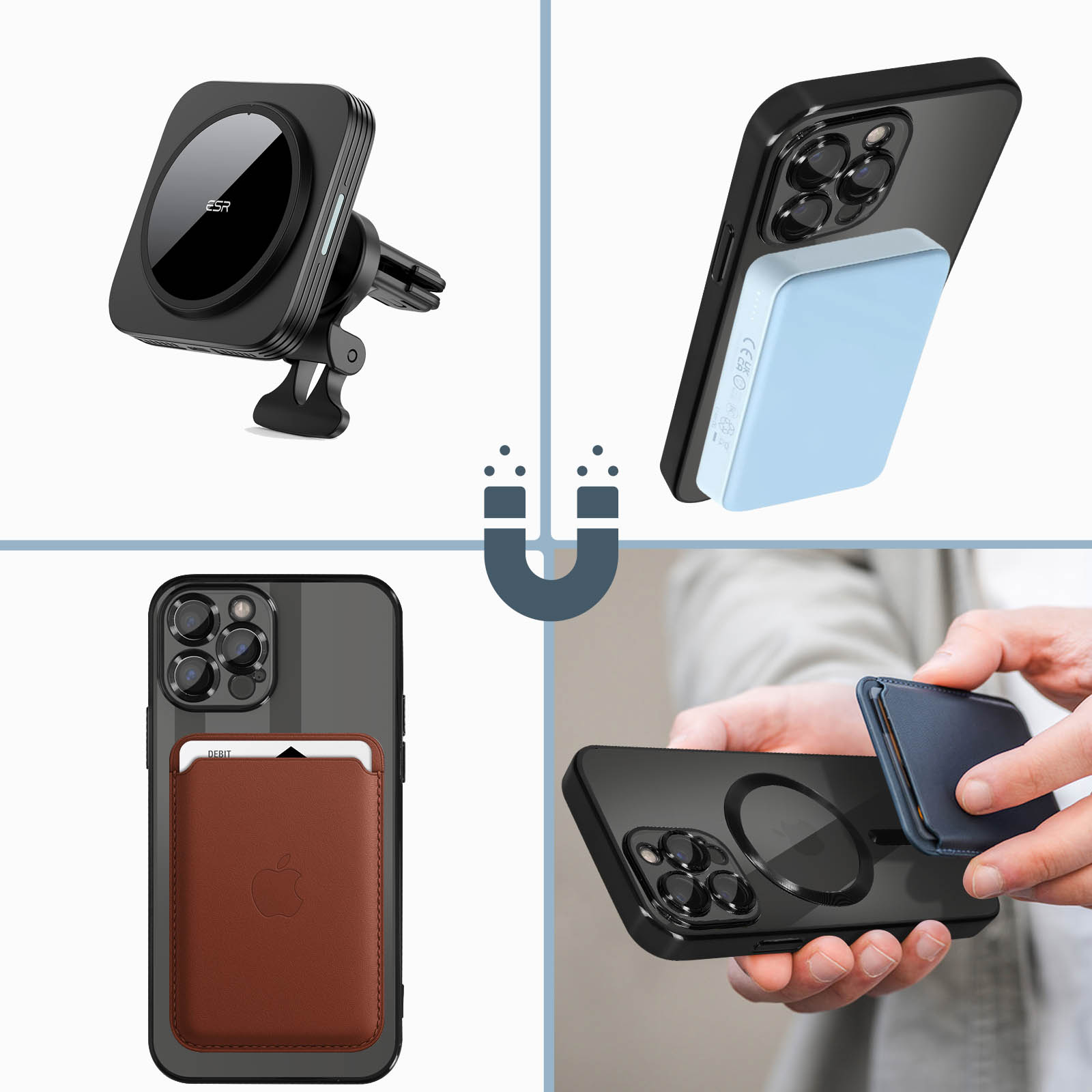 Collage di accessori per telefono: supporto auto, power bank magnetico, portafoglio e custodia. Simbolo magnete.