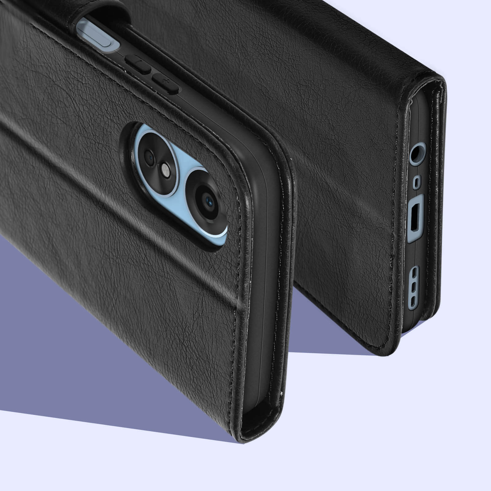 Étui de téléphone en cuir noir, avec un téléphone à l'intérieur. Le téléphone a deux objectifs.