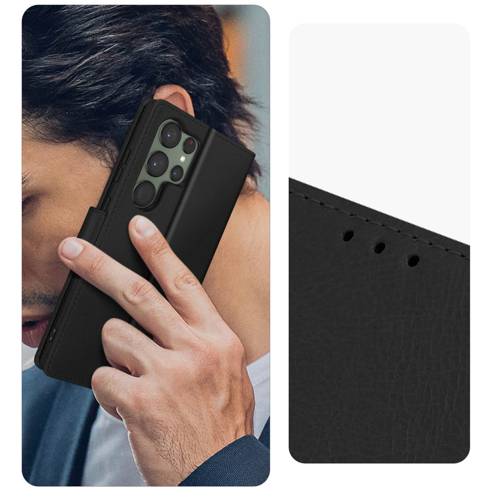 Zwarte telefoonhoes en een persoon die de telefoon tegen zijn oor houdt. Er is nog een deel.