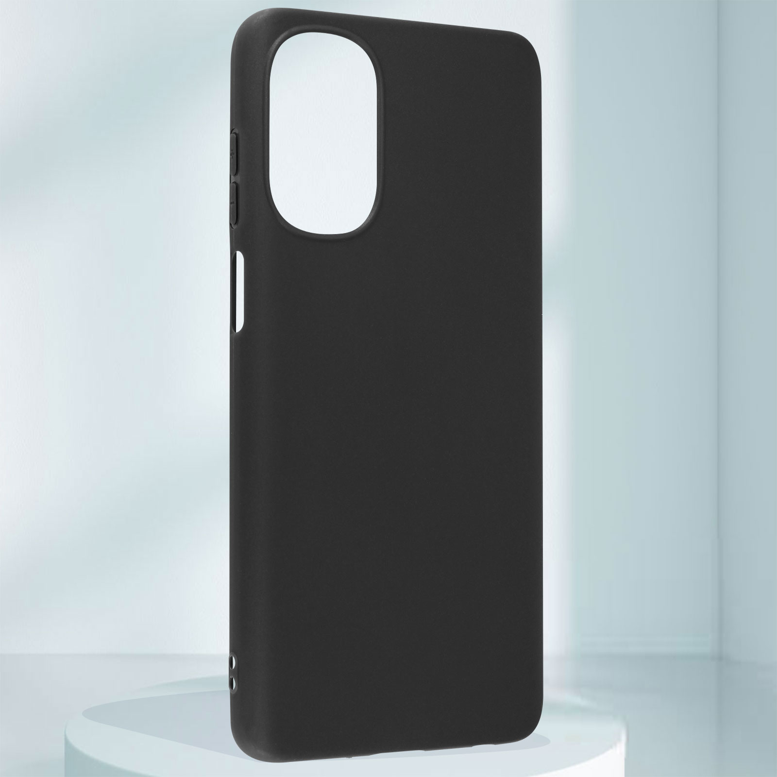 Custodia nera per telefono. La custodia ha un ritaglio per la fotocamera e pulsanti laterali. Sfondo bianco.