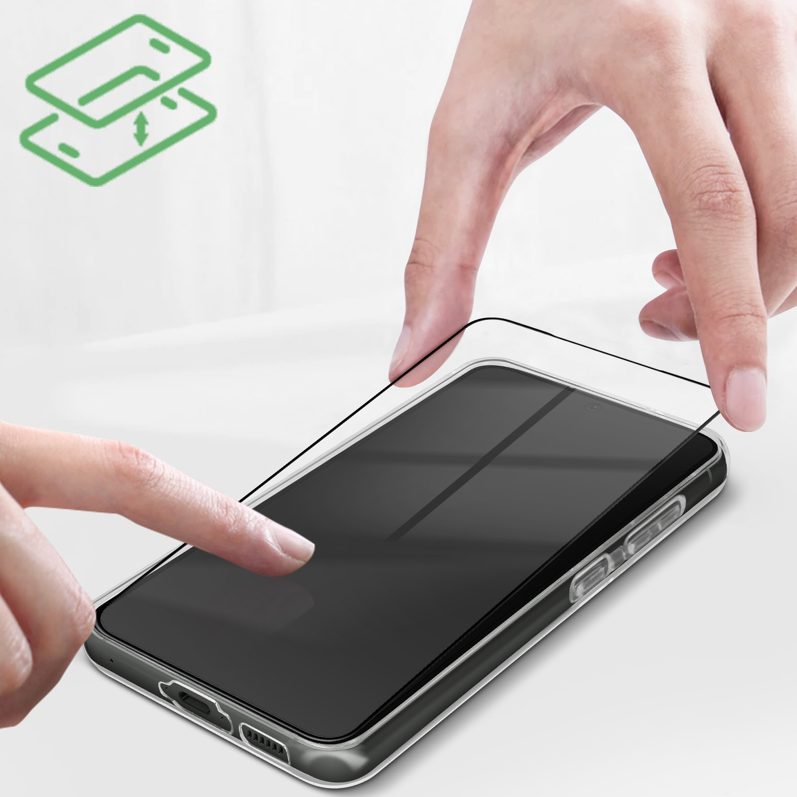 Una persona sta applicando una protezione per lo schermo a un telefono. Il telefono è in una custodia trasparente.