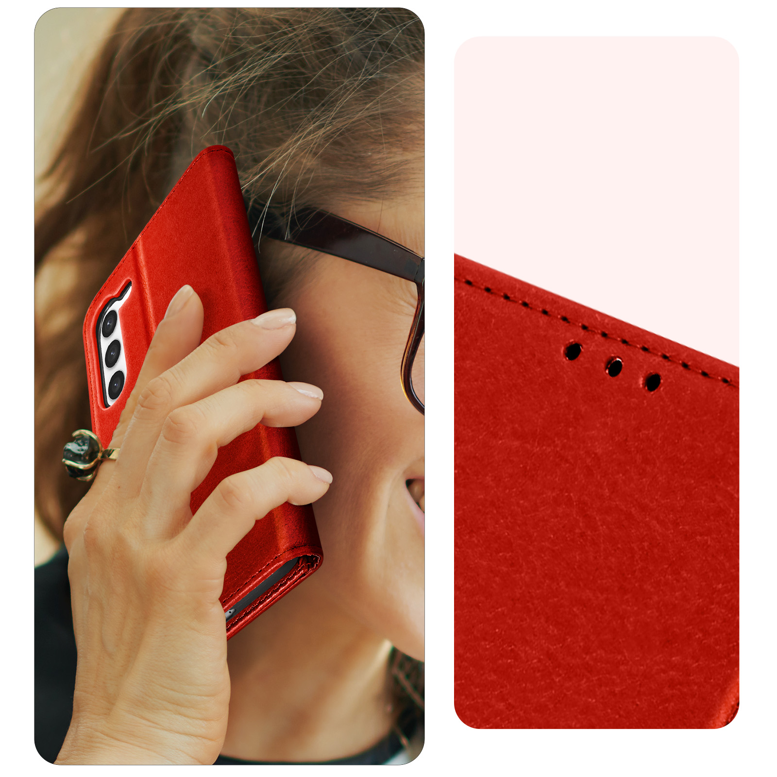 Vrouw gebruikt rode telefoonhoes. Close-up toont de hoes met drie gaten. Zwarte bril.